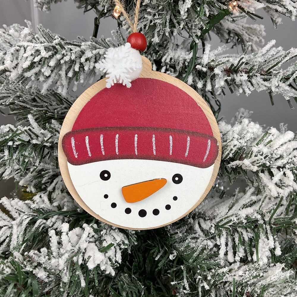 Christmas Tree Ornament-Wooden Snowman With Red Hat-The Bridge Collection